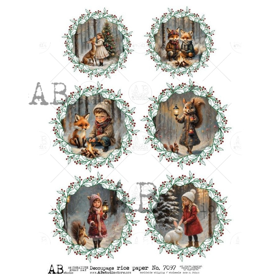 AB Studio, Rice Paper, Christmas, Holly Wreaths, Framed, Girls, Animals, Winter, Shabby Chic, A4 8.2 x 11.7, Mixed Media, Decoupage, ID-7097