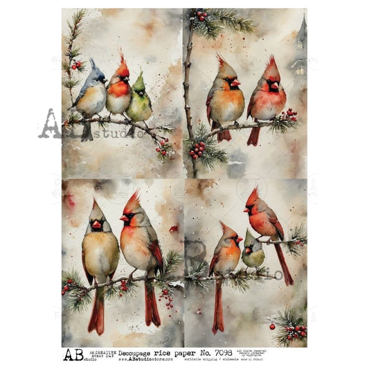 AB Studio, Rice Paper, Christmas, Snow Birds, Cardinals, Holly Branches, Cards, Shabby Chic, A4 8.2 x 11.7, Mixed Media, Decoupage, ID-7098