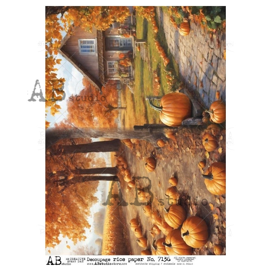 AB Studio, Rice Paper, Fall, Autumn, Pumpkins, Leaves, Country Cabin, A4 8.27 x 11.69, Mixed Media, Decoupage, ID-7136
