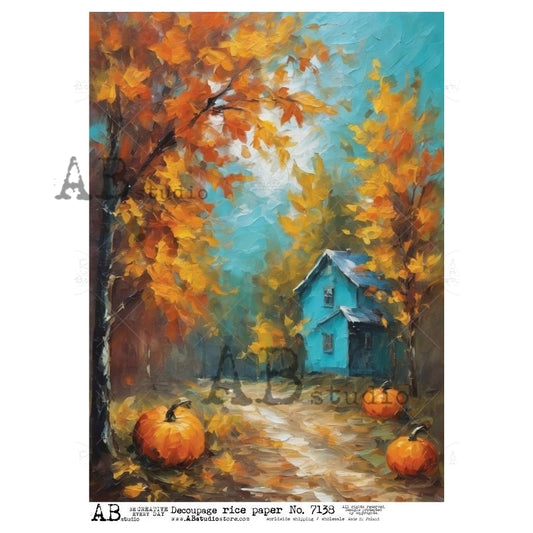 AB Studio, Rice Paper, Fall, Autumn, Pumpkins, Leaves, Country Cabin, A4 8.27 x 11.69, Mixed Media, Decoupage, ID-7138
