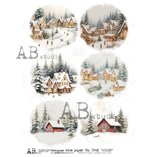 AB Studio, Rice Paper, Christmas, Winter Villages, Snow Scenes, Rounds, Ornament, Circles, ID-7143, A4, 8.27 X 11.69 in