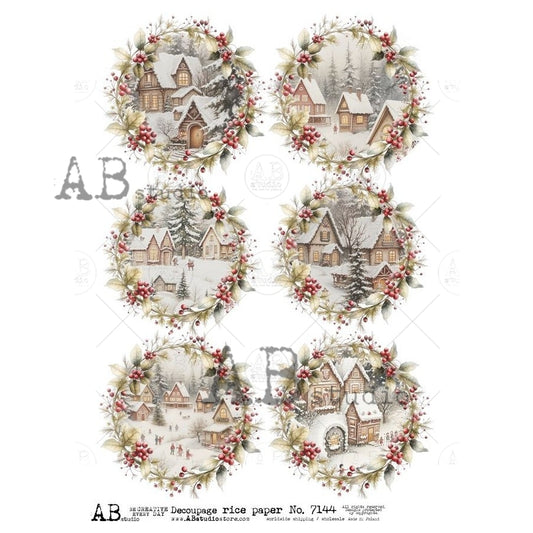 AB Studio, Rice Paper, Christmas, Winter Villages, Snow Scenes, Holly Frames, Rounds, Ornament, Circles, ID-7144, A4, 8.27 X 11.69 in