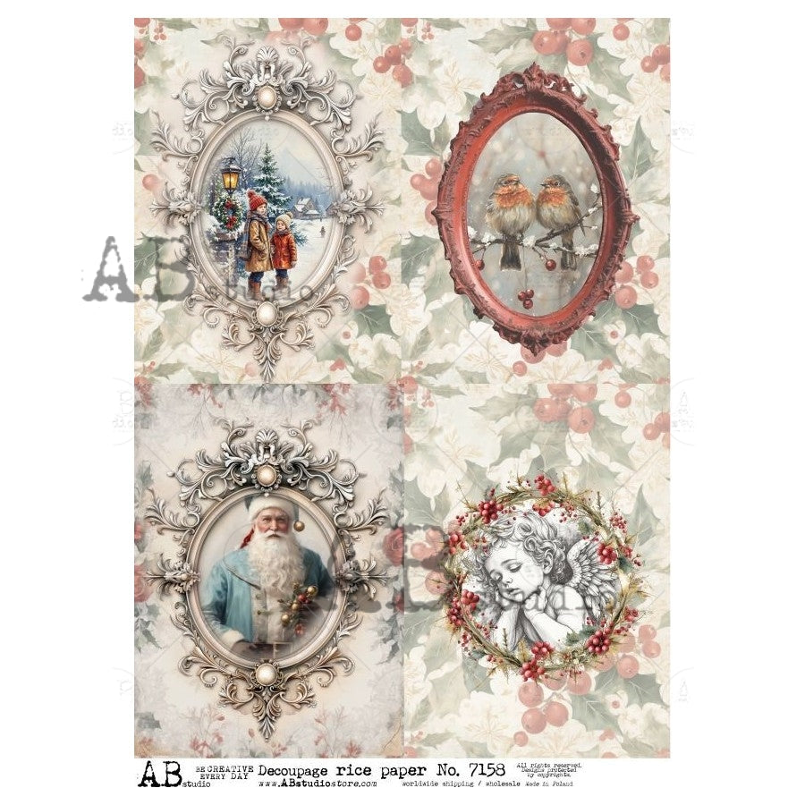 AB Studio, Rice Paper, Cherub, Santa, Birds, Christmas, Vintage Frames, Holly, Shabby Chic, A4 8.2 x 11.7, Mixed Media, Decoupage, ID-7158