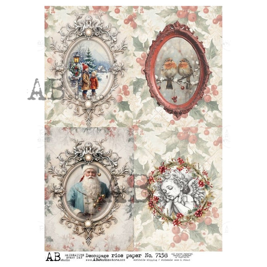 AB Studio, Rice Paper, Cherub, Santa, Birds, Christmas, Vintage Frames, Holly, Shabby Chic, A4 8.2 x 11.7, Mixed Media, Decoupage, ID-7158