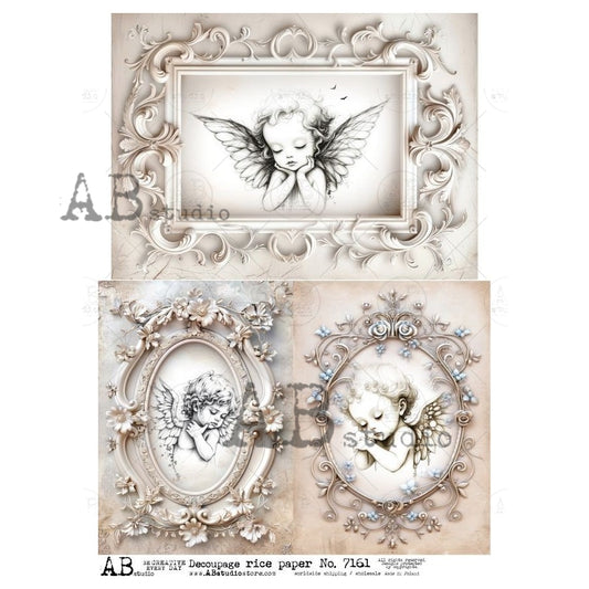 AB Studio, Rice Paper, Angel, Cherubs, Angels, Vintage Frame, Shabby Chic, Blue, Gray, Tones, A4 8.2 x 11.7, Mixed Media, Decoupage, ID-7161