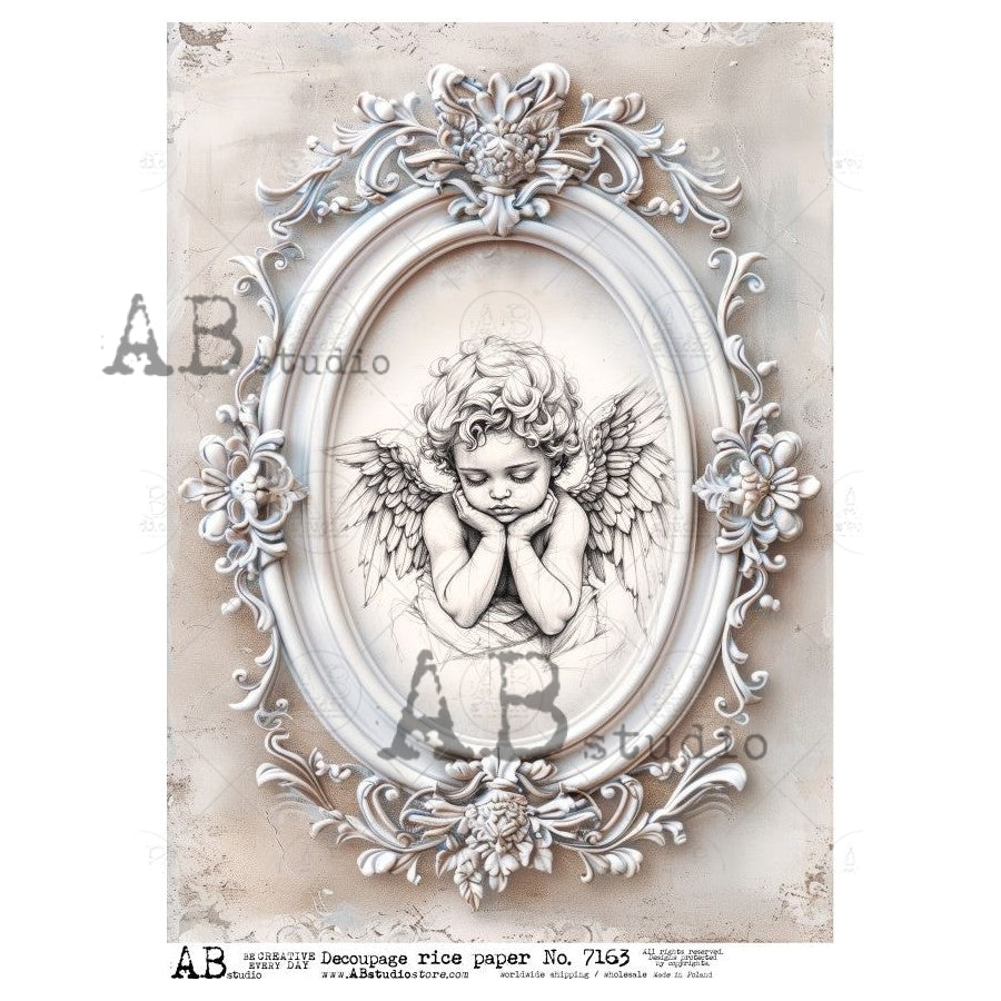 AB Studio, Rice Paper, Angel, Cherub, Angel, Vintage Frame, Shabby Chic, Blue, Gray, Tones, A4 8.27 x 11.69, Mixed Media, Decoupage, ID-7163