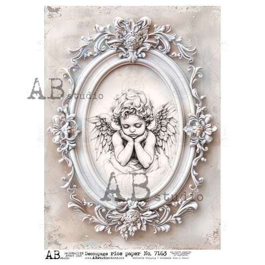 AB Studio, Rice Paper, Angel, Cherub, Angel, Vintage Frame, Shabby Chic, Blue, Gray, Tones, A4 8.27 x 11.69, Mixed Media, Decoupage, ID-7163