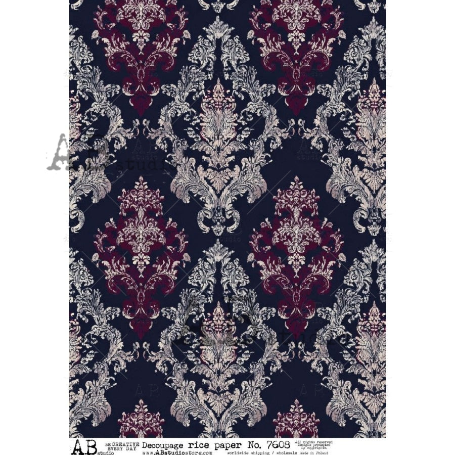 AB Studio Rice Paper, Victorian Style Wallpaper, Black Damask, Background, Decoupage, Mixed Media, Scrapbooking, A4 8.27 x 11.69