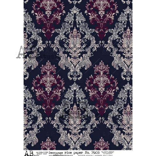 AB Studio Rice Paper, Victorian Style Wallpaper, Black Damask, Background, Decoupage, Mixed Media, Scrapbooking, A4 8.27 x 11.69