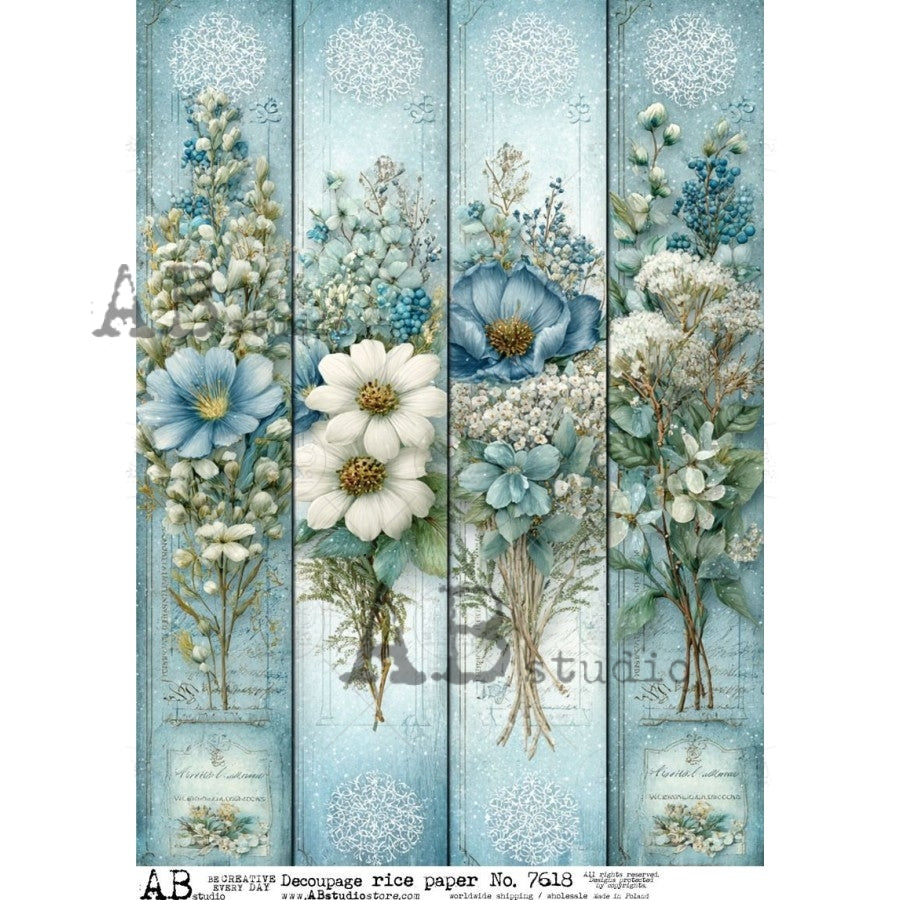 AB Studio Rice Paper, Blue Floral Bands, Borders, Trims, Decoupage, Mixed Media, Scrapbooking, A4 8.27 x 11.69