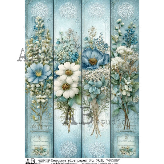 AB Studio Rice Paper, Blue Floral Bands, Borders, Trims, Decoupage, Mixed Media, Scrapbooking, A4 8.27 x 11.69