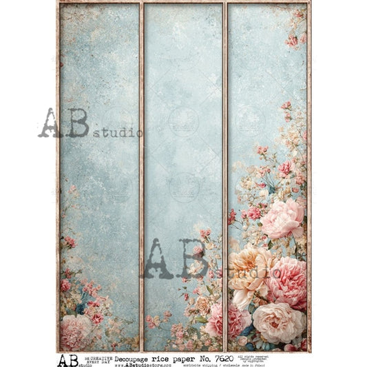 AB Studio Rice Paper, Blue Floral Bands, Borders, Trims, Decoupage, Mixed Media, Scrapbooking, A4 8.27 x 11.69