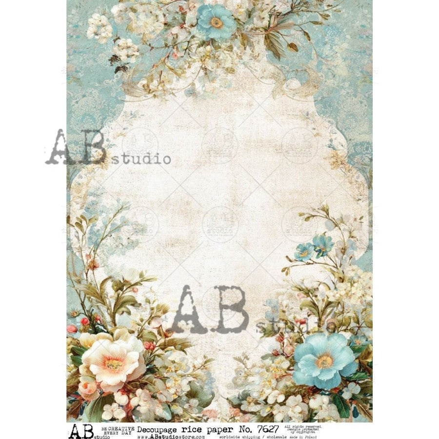 AB Studio Rice Paper, Delicate Blue Florals, Shabby Chic,  Decoupage, Mixed Media, Scrapbooking, A4 8.27 x 11.69