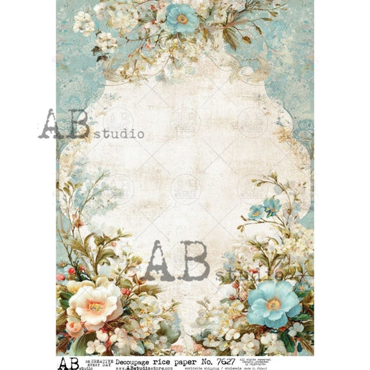 AB Studio Rice Paper, Delicate Blue Florals, Shabby Chic,  Decoupage, Mixed Media, Scrapbooking, A4 8.27 x 11.69