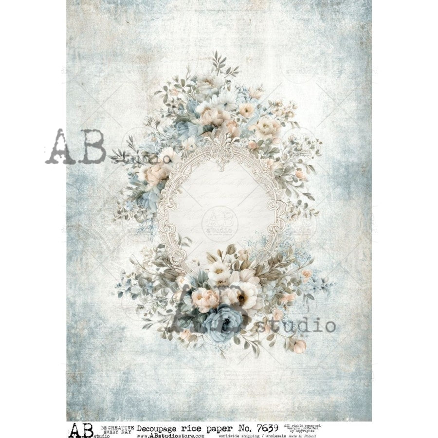 AB Studio Rice Paper, Delicate Blue Florals, Floral Frame, Background, Shabby Chic,  Decoupage, Mixed Media, Scrapbooking, A4 8.27 x 11.69