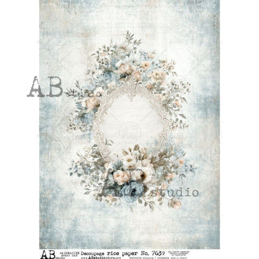 AB Studio Rice Paper, Delicate Blue Florals, Floral Frame, Background, Shabby Chic,  Decoupage, Mixed Media, Scrapbooking, A4 8.27 x 11.69