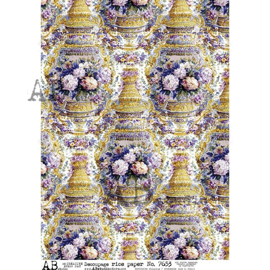 AB Studio Rice Paper, Victorian Style Background, Purple, Gold, Vintage, Decoupage, Mixed Media, Scrapbooking, A4 8.27 x 11.69
