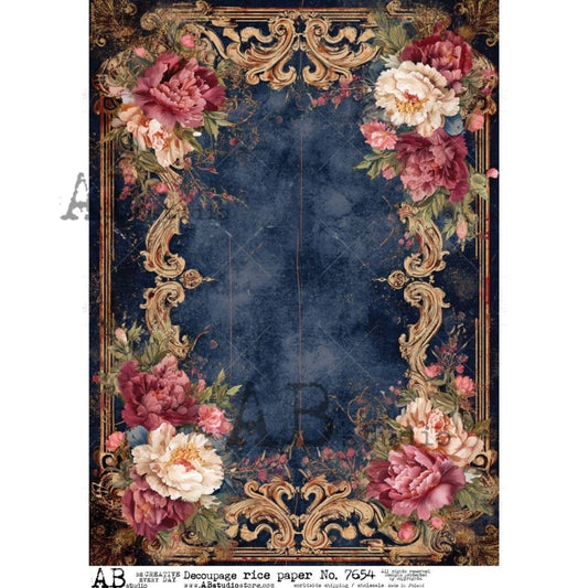 AB Studio Rice Paper, Victorian Style, Royal Blue, Gold, Pink Flowers, Shabby Chic, Decoupage, Mixed Media, Scrapbooking, A4 8.27 x 11.69