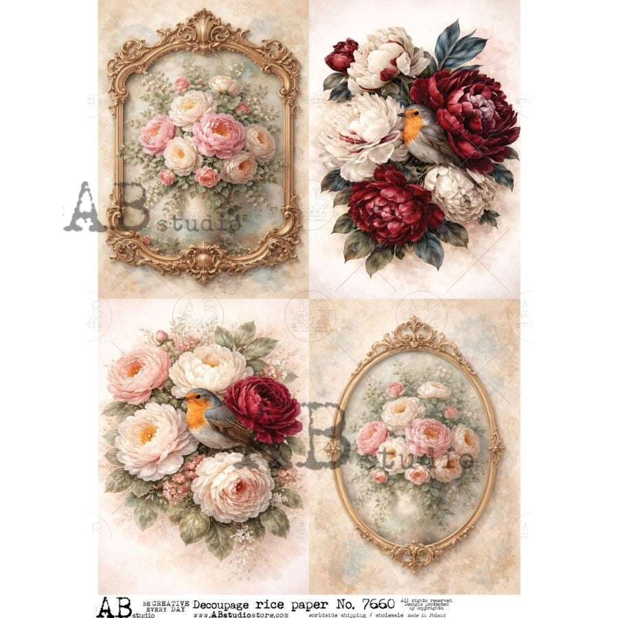 AB Studio Rice Paper, Victorian Style, Florals, Roses, Gold Frames, Shabby Chic, Decoupage, Mixed Media, Scrapbooking, A4 8.27 x 11.69