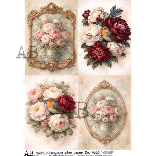 AB Studio Rice Paper, Victorian Style, Florals, Roses, Gold Frames, Shabby Chic, Decoupage, Mixed Media, Scrapbooking, A4 8.27 x 11.69