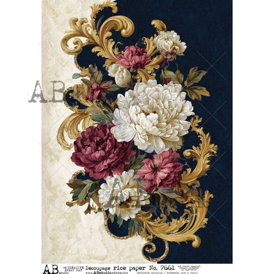 AB Studio Rice Paper, Victorian Style, Florals, Roses, Gold Flourishes, Shabby Chic, Decoupage, Mixed Media, Scrapbooking, A4 8.27 x 11.69