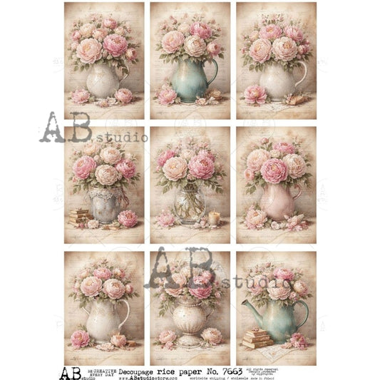 AB Studio Rice Paper, Vintage Style, Pink Flowers, Ceramic Pots, Squares, Shabby Chic, Decoupage, Mixed Media, Scrapbooking, A4 8.27 x 11.69