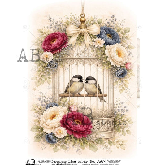 AB Studio Rice Paper, Victorian Style Love Birds, Gold Cage, Florals, Shabby Chic, Decoupage, Mixed Media, Scrapbooking, A4 8.27 x 11.69