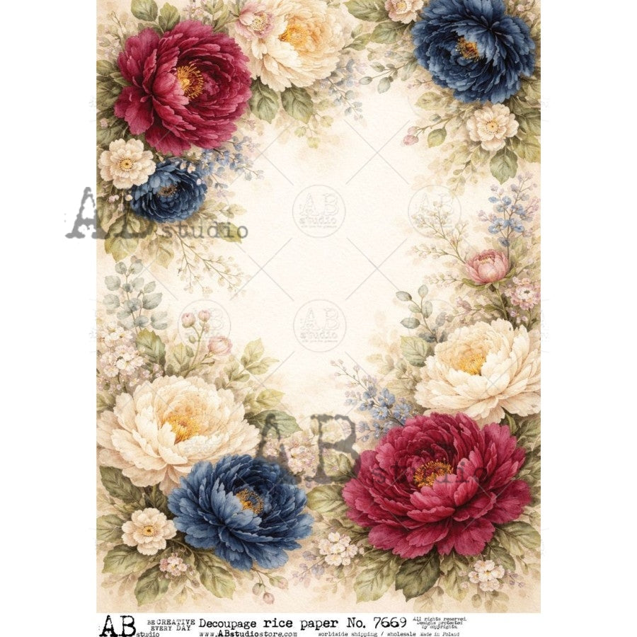 AB Studio Rice Paper, Red, Blue, White Florals, Shabby Chic, Decoupage, Mixed Media, Scrapbooking, A4 8.27 x 11.69