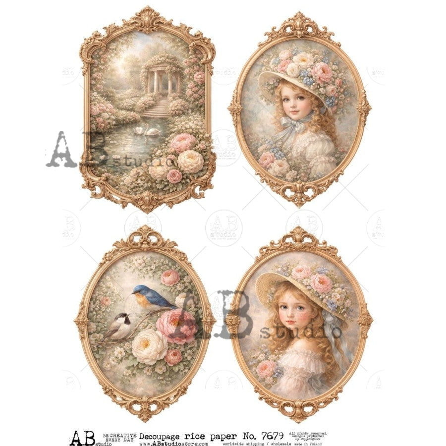 AB Studio Rice Paper, Vintage Style Florals, Child Portraits, Gold Frames, Shabby Chic, Decoupage, Mixed Media Scrapbooking, A4 8.27 x 11.69