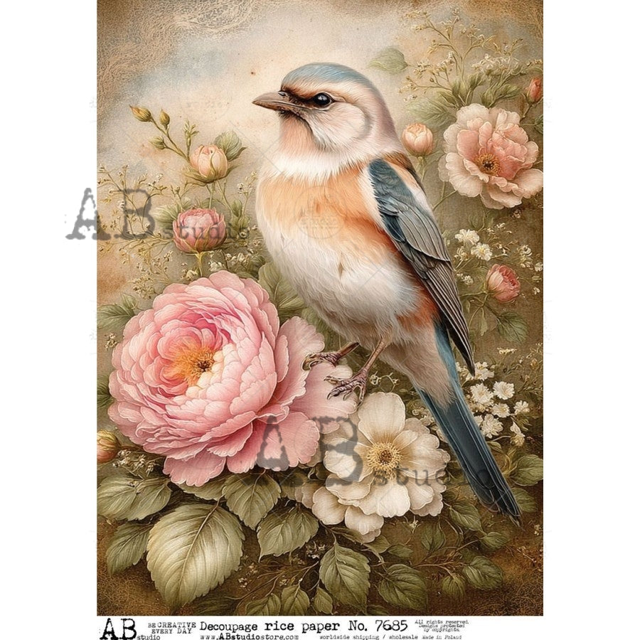 AB Studio Rice Paper, Vintage Style, Florals, Bird, Bouquet, Shabby Chic, Decoupage, Mixed Media, Scrapbooking, A4 8.27 x 11.69