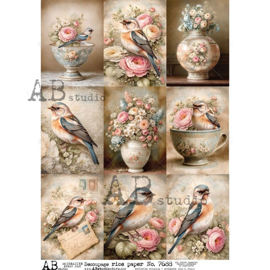 AB Studio Rice Paper, Vintage Style, Florals, Birds, Tea Cups, Squares, Shabby Chic, Decoupage, Mixed Media, Scrapbooking, A4 8.27 x 11.69