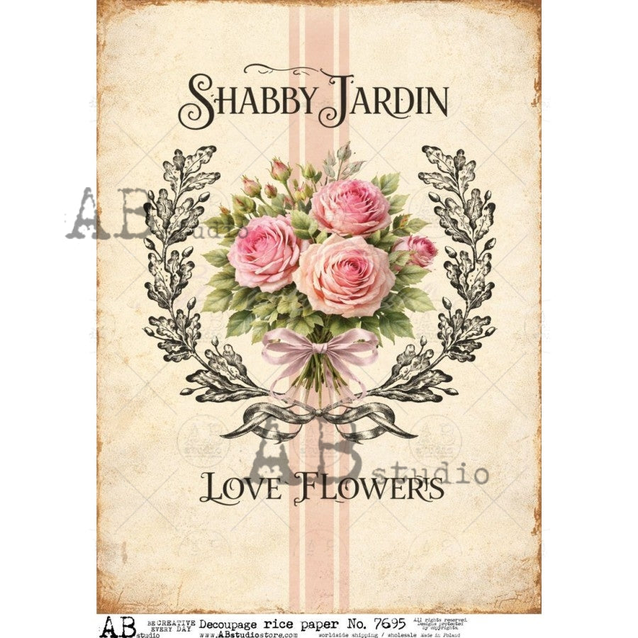 AB Studio Rice Paper, Vintage Style, Pink Florals, Love Flowers, Shabby Chic, Decoupage, Mixed Media, Scrapbooking, A4 8.27 x 11.69