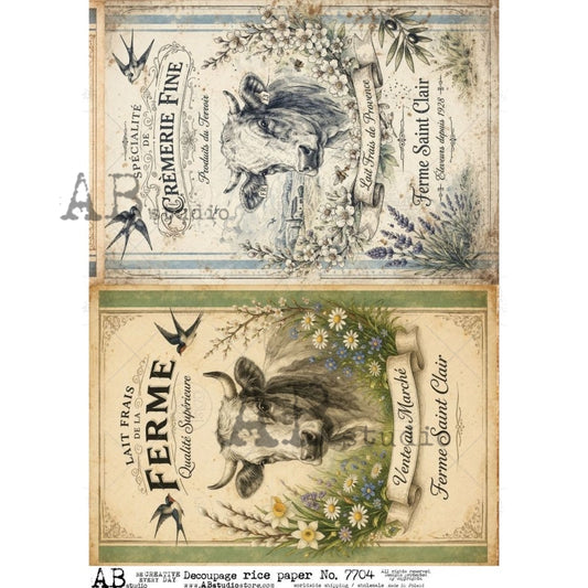 AB Studio Rice Paper, Country Vintage Style Labels, Cows, Ephemera, Decoupage, Mixed Media, Scrapbooking, A4 8.27 x 11.69