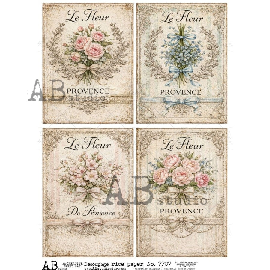 AB Studio Rice Paper, Vintage French Style, Floral Labels, Decoupage, Mixed Media, Scrapbooking, A4 8.27 x 11.69
