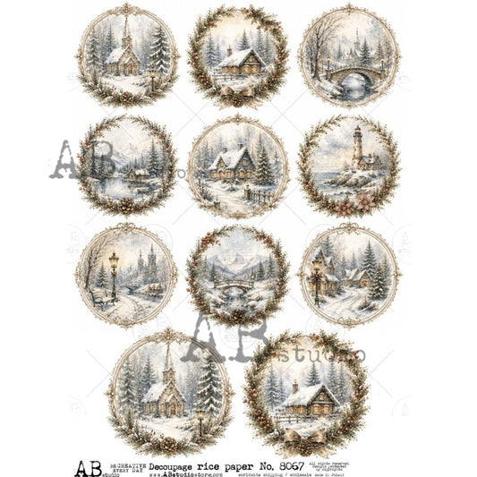 AB Studio Rice Paper for Decoupage, Mixed Media, Scrapbooking, Christmas Ornament Rounds,  Winter Landscapes, Churches,  A4 8,27" x 11,69