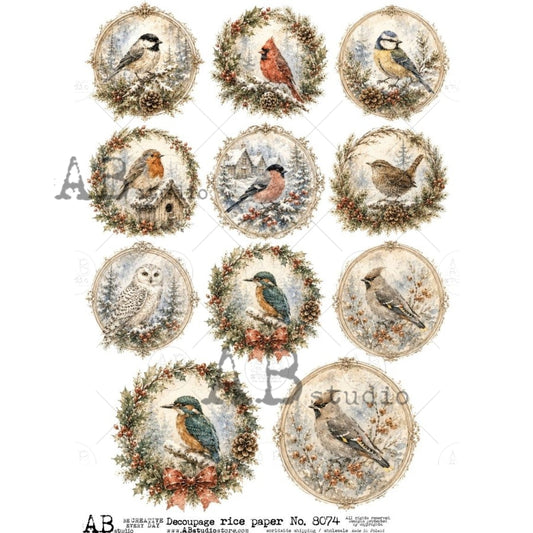 AB Studio Rice Paper for Decoupage, Mixed Media, Scrapbooking, Christmas Ornament Rounds,  Winter Birds, A4 8,27" x 11,69 size