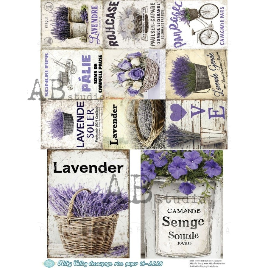 AB Studio Rice Paper, Lavender, Vintage Squares, Tags, Signs, Decoupage, Mixed Media A4 8.27 x 11.69