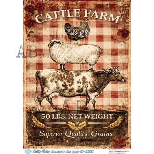 AB Studio Rice Paper, Country Stacked Farm Animals, Cattle, Decoupage, Mixed Media, Scrapbooking, A4 8.27 x 11.69