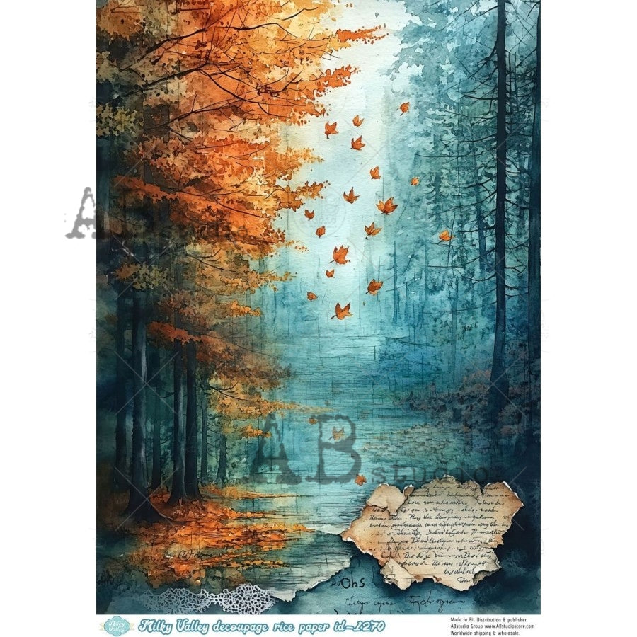 AB Studio Rice Paper, Milky Valley, Autumn Forest Landscape, Abstract, A4 8.27 x11.69, Mixed Media, Decoupage, Scrapbooking