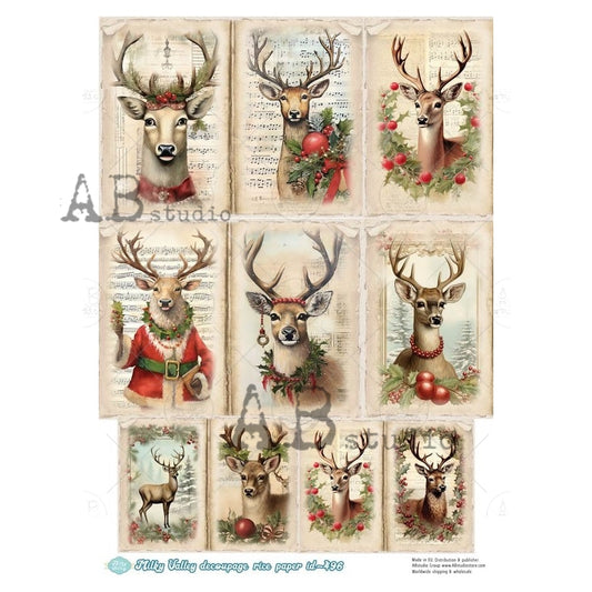 AB Studio, Milky Valley, Rice Paper, Christmas, Reindeer, Squares, Tags, Whimsical, Squares, Decoupage, Mixed Media, ID-496, A4 8.27X 11.6