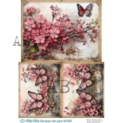 AB Studio, Milky Valley, Rice Paper, Decoupage, Pin Flowers, Butterflies, Squares, Tags, Shabby Chic, ID-510, A4 8.27 X 11.69 in