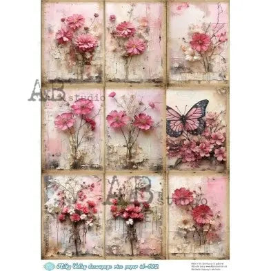 AB Studio, Milky Valley, Rice Paper, Decoupage, Pin Flowers, Butterflies, Squares, Tags, Shabby Chic, ID-512, A4 8.27 X 11.69 in AB Studio