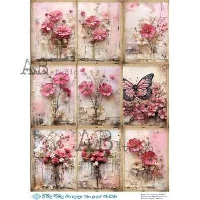 AB Studio, Milky Valley, Rice Paper, Decoupage, Pin Flowers, Butterflies, Squares, Tags, Shabby Chic, ID-512, A4 8.27 X 11.69 in