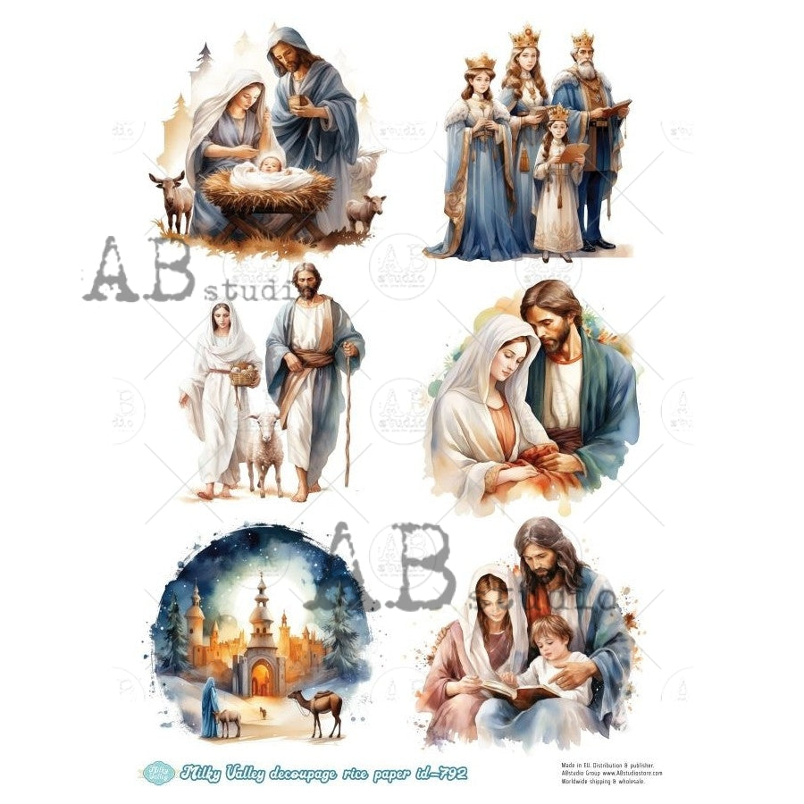 AB Studio, Rice Paper, Milky Valley, Christmas, Nativity,  Holy Family, Angels,  A4 8.27 x 11.69, Mixed Media, Decoupage, ID-792