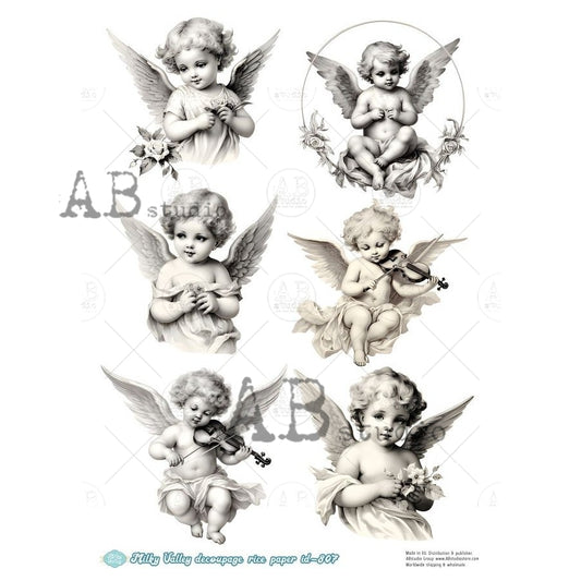 AB Studio, Rice Paper, Milky Valley, Angel, Cherub, Vintage Frame, Shabby Chic, Blue, White, A4 8.27 x 11.69, Mixed Media, Decoupage, ID-807