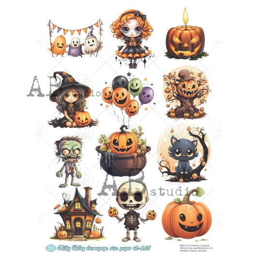 AB Studio, Rice Paper, Milky Valley, Halloween, Witches, Haunted House, Pumpkins, Characters, A4 8.27 x 11.7, Mixed Media, Decoupage, ID-815