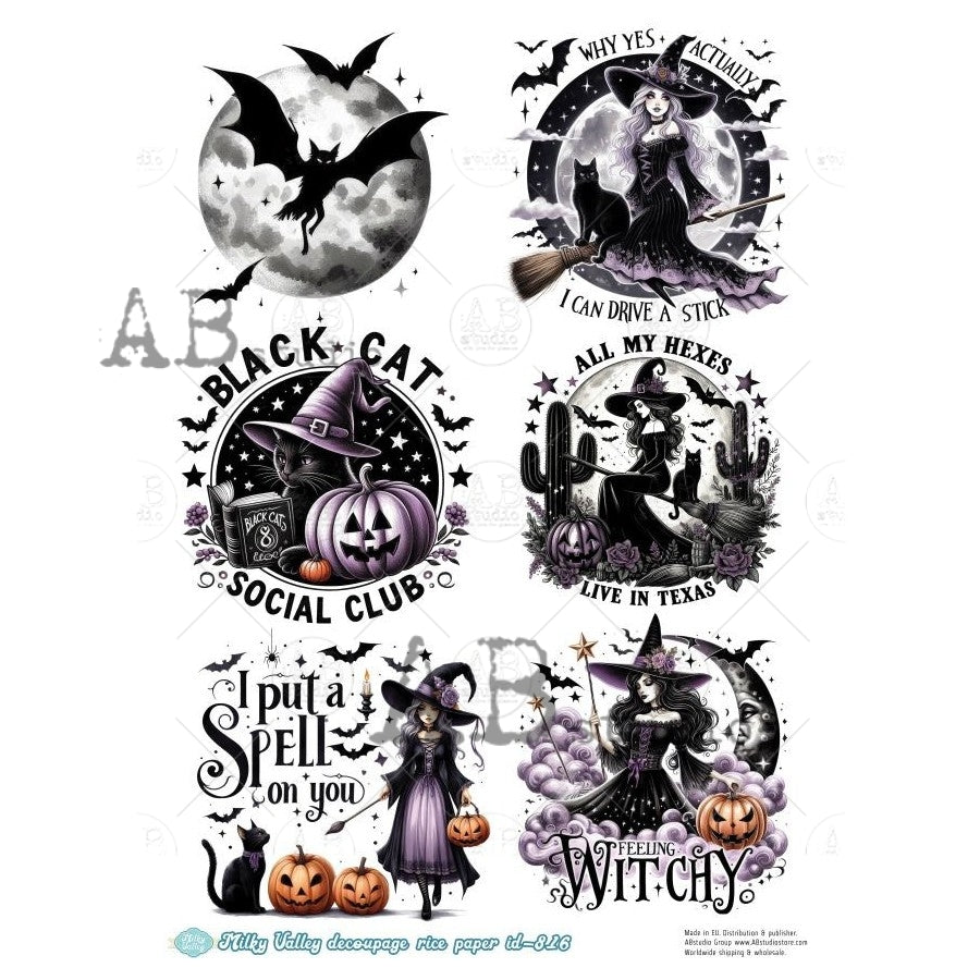 AB Studio, Rice Paper, Milky Valley, Halloween, Witches, Bats, Pumpkins, Ornament Rounds, A4 8.27 x 11.69, Mixed Media, Decoupage, ID-816