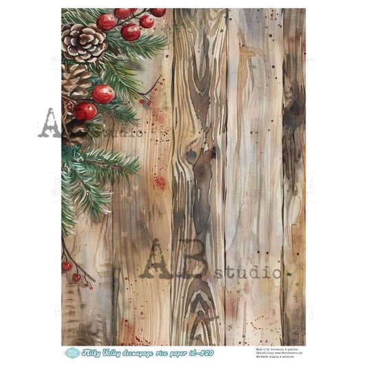 AB Studio, Rice Paper, Milky Valley, Christmas, Greenery, Rustic Wood, Wallpaper, Background, A4 8.27 x 11.7, Mixed Media, Decoupage, ID-820