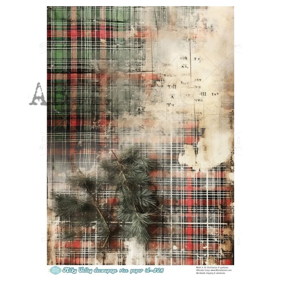AB Studio, Rice Paper, Milky Valley, Christmas, Plaid, Background, Wallpaper, A4 8.27 x 11.69, Mixed Media, Decoupage, ID-826