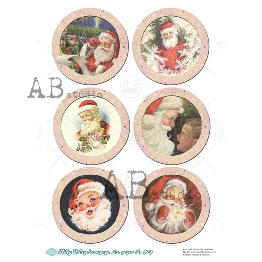 AB Studio, Rice Paper, Milky Valley, Christmas, Santa, Ornament Rounds, A4 8.27 x 11.69, Mixed Media, Decoupage, ID-829
